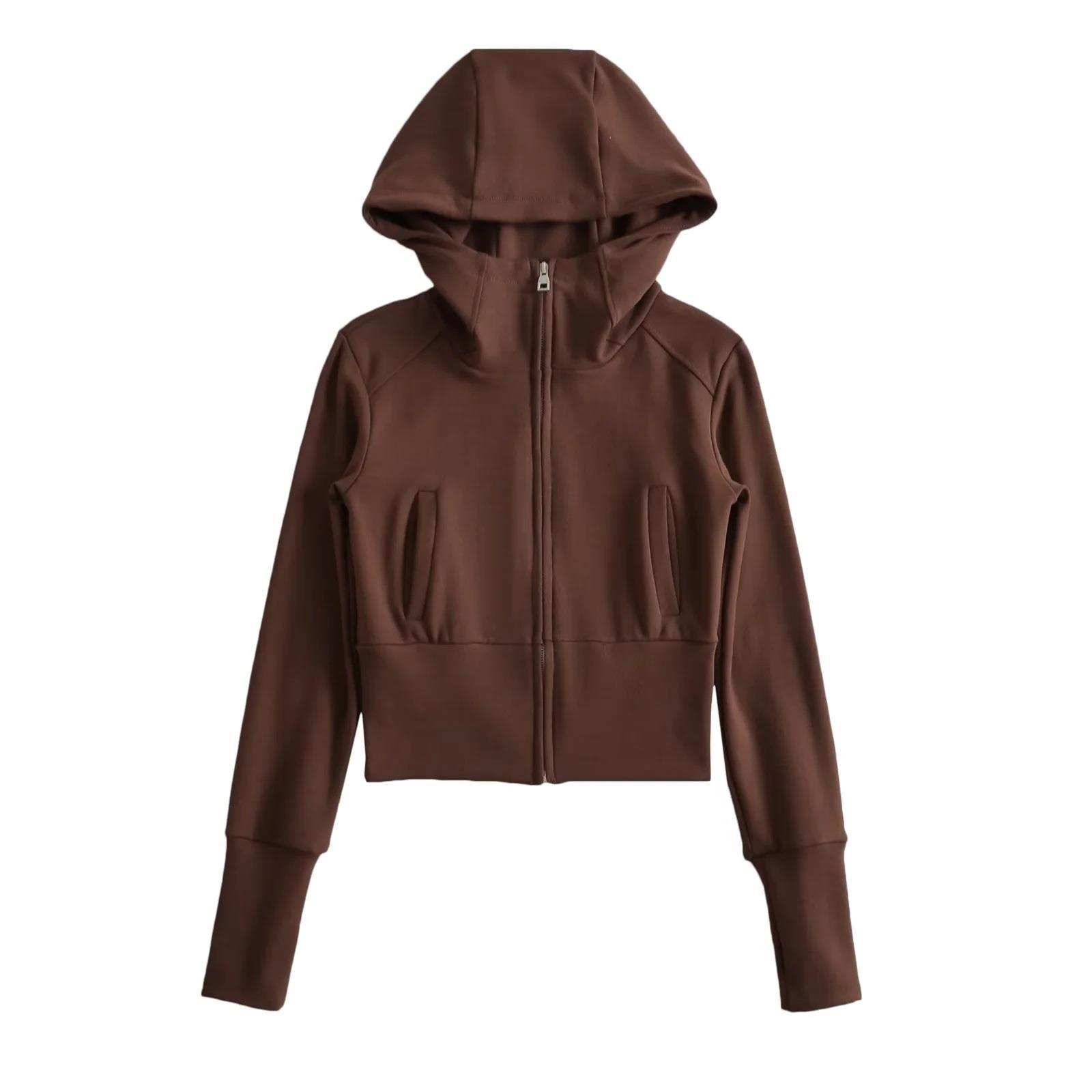 ins American Fashion stand collar hooded sweater women's autumn new slim slimming cardigan jacket short top