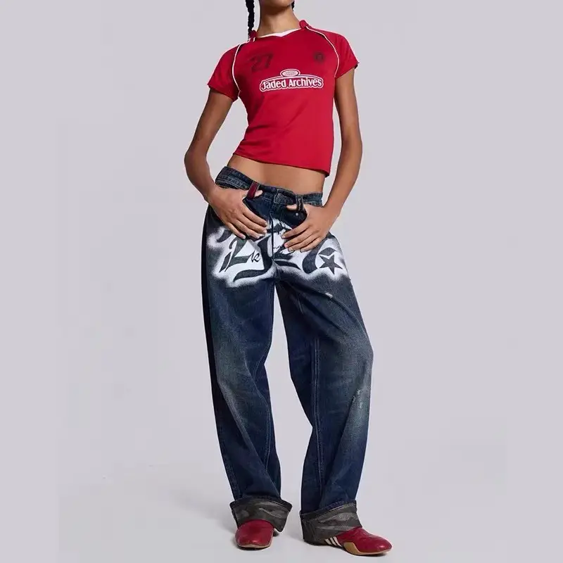 Jaded London Joint White Printed Leg Cuffs Camouflage Printed Denim Pants Straight Pants
