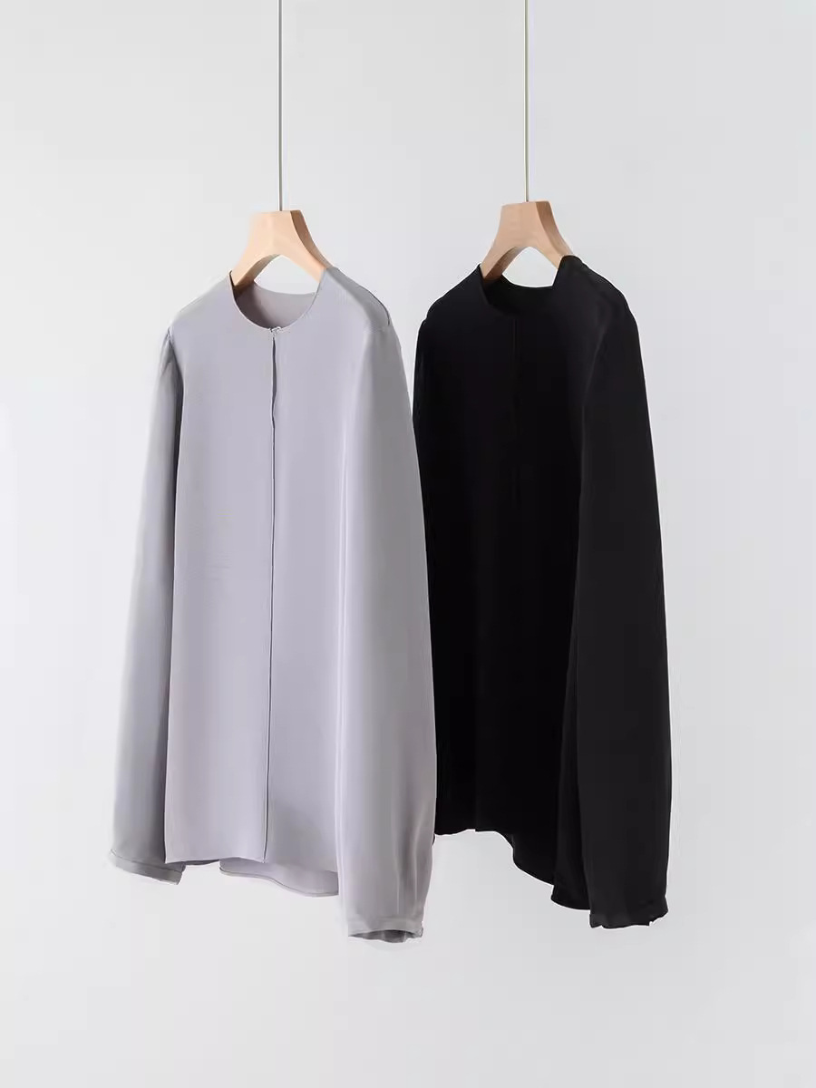Spring and Autumn New Heavy Weight Silk Top Women's Mulberry Silk Loose T-Shirt Temperament Commuting Long Sleeve Round Neck Clothes Wholesale