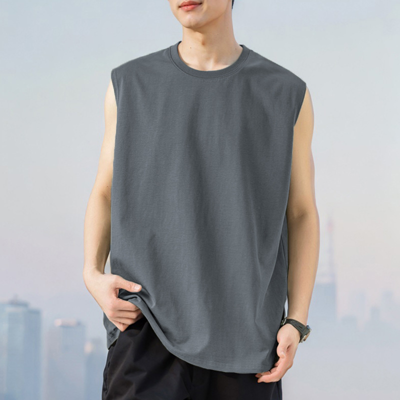 Pure Cotton Vest Boys Fashion Brand Summer Thin Wide Shoulder Sleeveless Waistcoat Round Neck Pure Cotton Solid Color Sweatshirt American Style Loose
