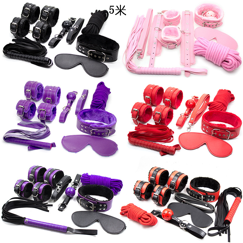 Fun set black plush handcuffs pink 7-piece set manufacturer leather 7-piece set 5 meters adult health care sex products