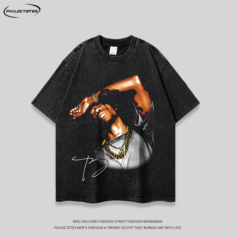 American-style hip hop rap character printed short-sleeved T-shirt men's and women's retro versatile casual bottoming long-sleeved T-shirt