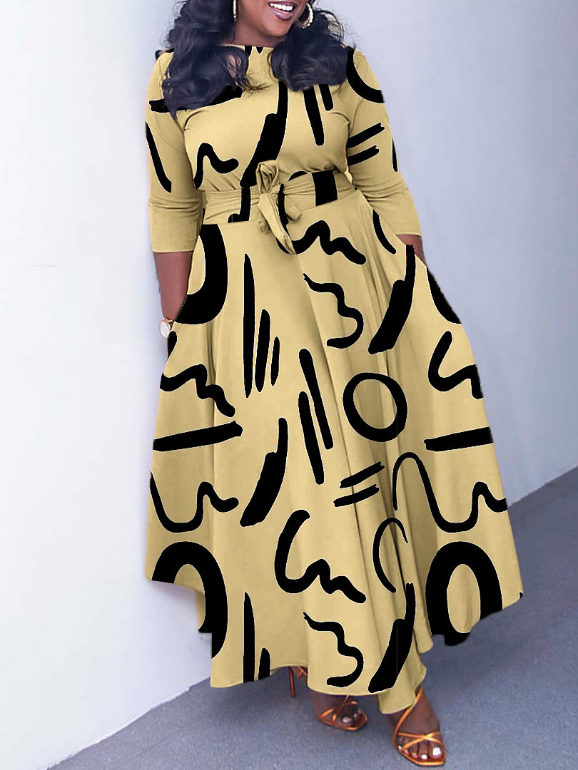 Cross-border women's clothing 2024 spring new fashion temperament lace-up printed African plus size midi dress foreign trade dress