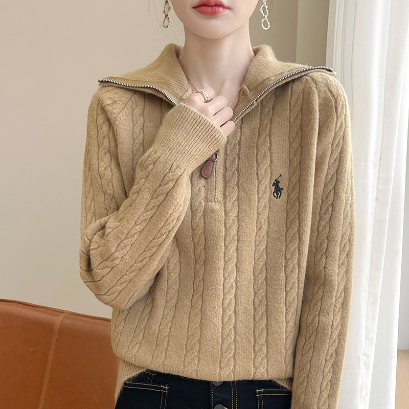 2025 Autumn and Winter Korean Style New Knitwear Half Turtleneck Pure Color Fashionable Twist Half Zipper Design Knitwear Jacket