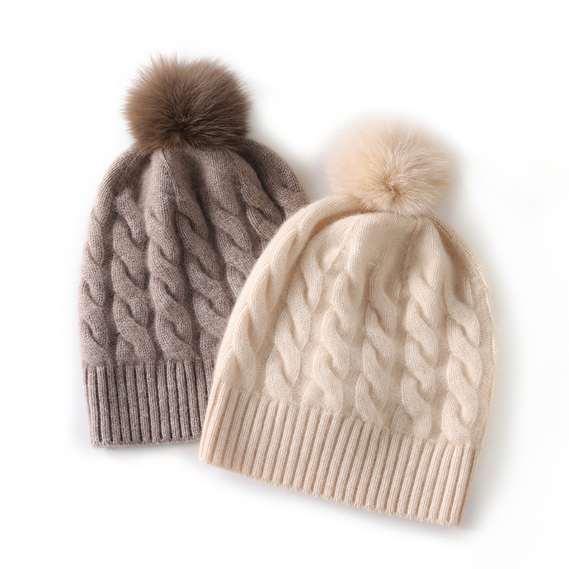 24 Autumn and Winter Warm Cashmere Knitted Hat Girls Fur Ball Cute Ear Protection Hat All-match Twist Thickened Cold Hat
