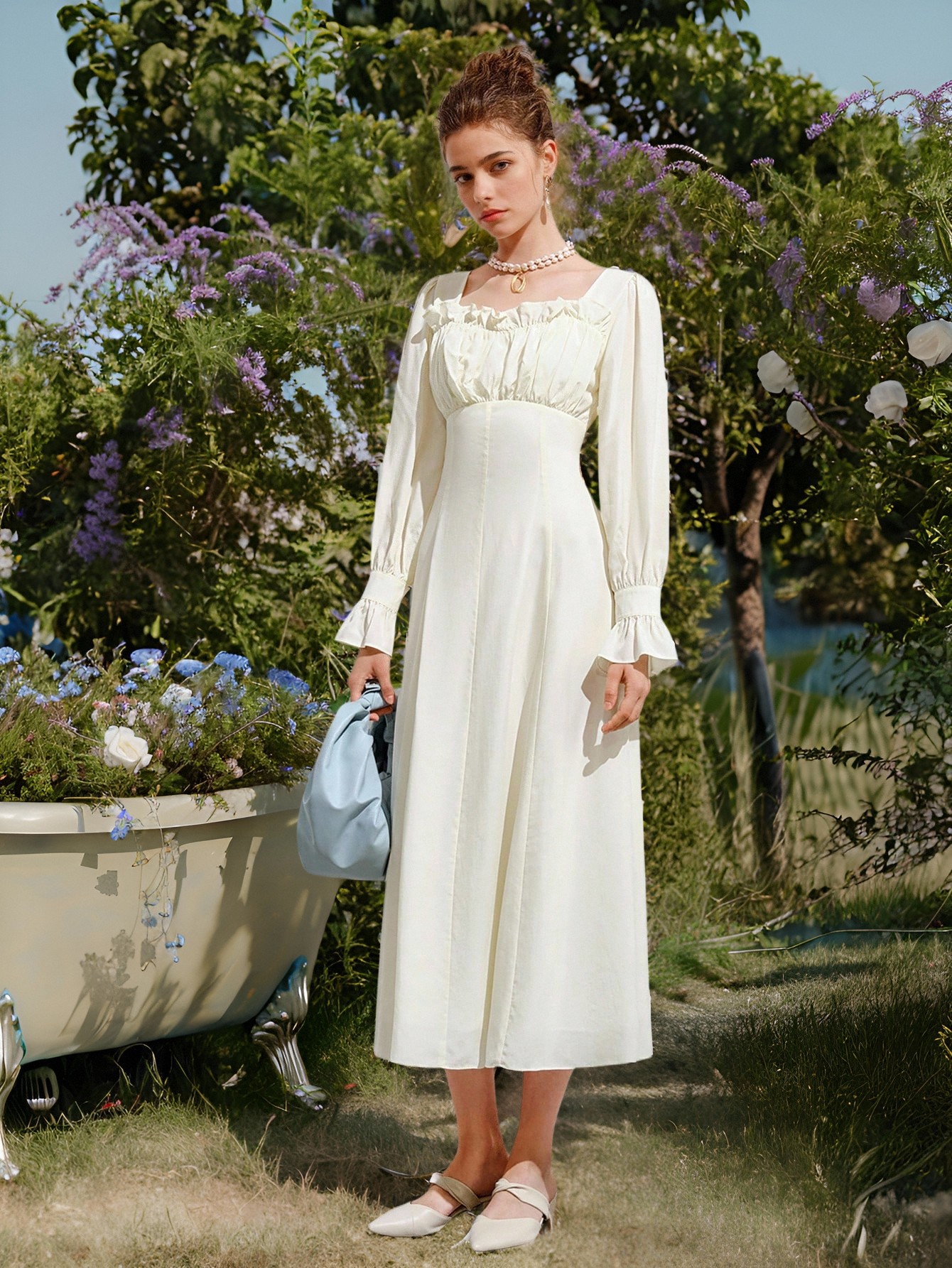 Spring New Style Square-Neck Ruffled Waist-Cinching Slim-Fit Long-Sleeve Elegant Vacation-Style Long Dress Dz-16