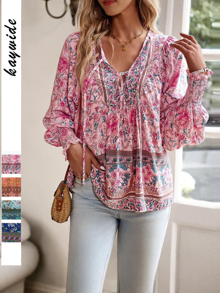 European and American Cross-Border 2025 Spring and Summer New Bohemian Resort Style Printed V-Neck Lace-Up Long-Sleeved Tops and Shirts for Women