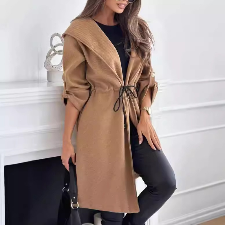 2025 European and American Cross-Border Amazon Fashion Hooded Lapel Lace-Up Women's Casual Long-Sleeved Autumn and Winter New Windbreaker for Women