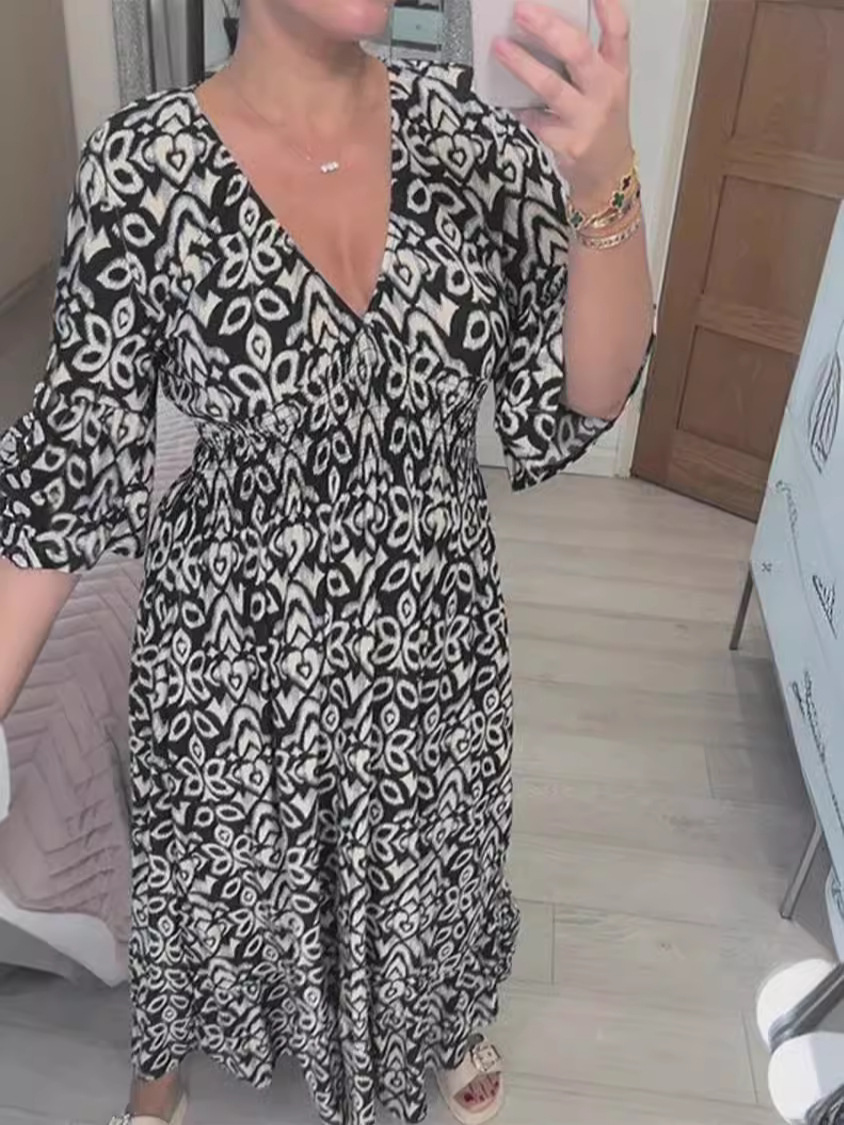 2025 Cross-Border European and American Summer Popular Amazon Super Fairy V Neck Seaside Vacation Beach Print Loose Dress