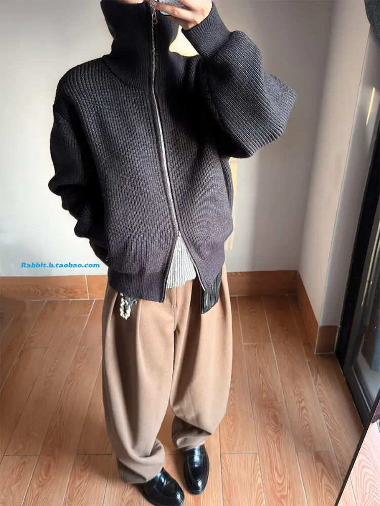 「Rabbit.B」Suninwave Stand Collar Modal Chunky Knit Cardigan Sweater Heavyweight Charcoal Gray Short Wide Coat