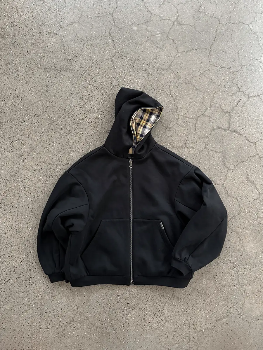 Epower Yellow Plaid Reversible Double Zipper Black Sweatshirt Hoodie for Men and Women Couple Silhouette Hooded Outwear