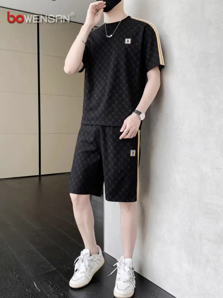 Classy Ice Silk Casual Sports Suit Men Short Sleeve T-Shirt 2025 New arrival Summer Matching shorts Two Pieces Men's