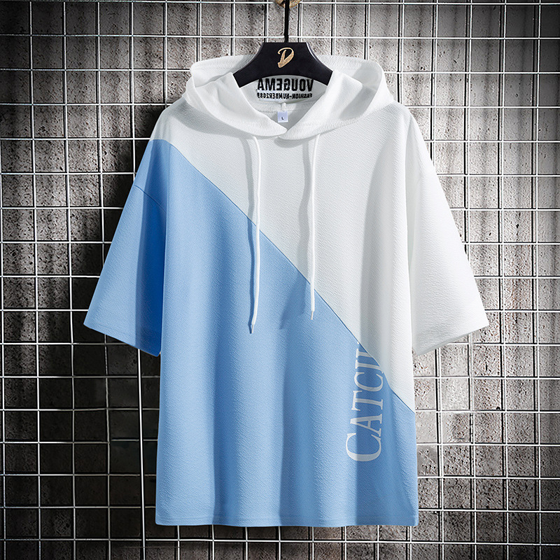 2025 Summer Short-Sleeved T-Shirt Men's New Trendy Ins Loose Casual Hooded Splicing Half-Sleeved T-Shirt Men's Cross-Border