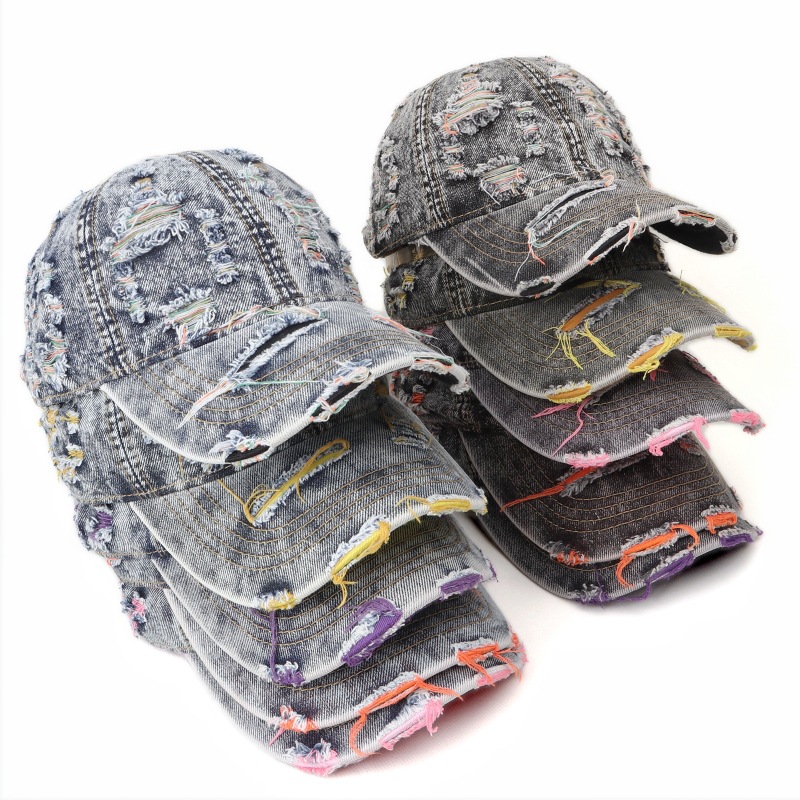 Vintage Washed Denim Ripped Colorful Baseball Cap for Men and Women, Fashionable Color-Blocking Distressed Sun Protection Hat