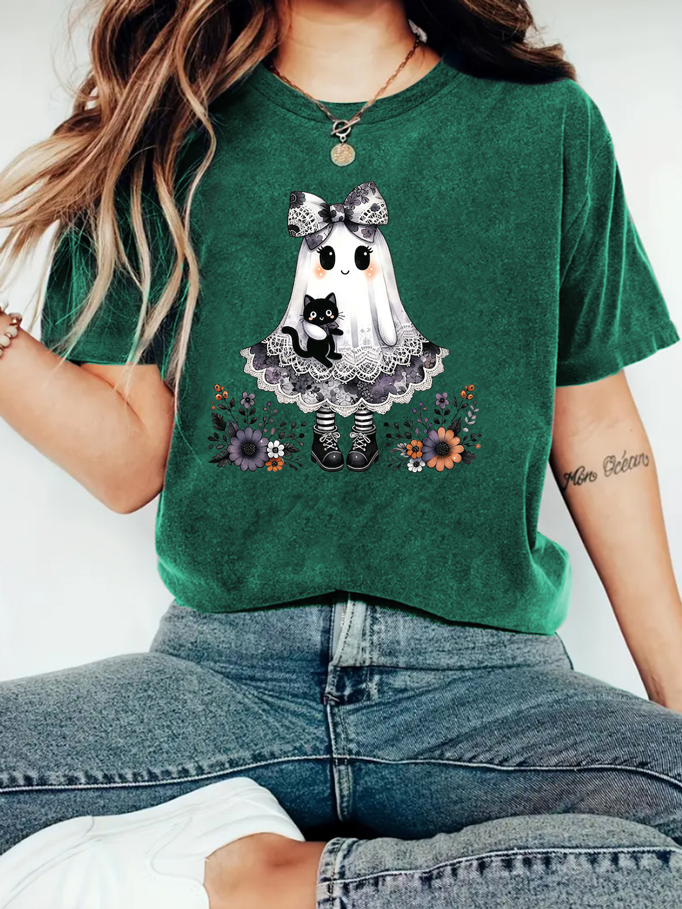 European and American Women's Round Neck Tops, Summer High-End Halloween Cute Ghost Print T-Shirts, Fashionable Loose Short-Sleeved Shirts