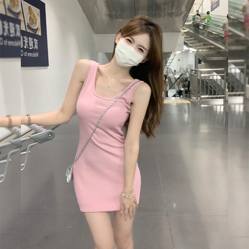 Pink Sleeveless Dress with Straps for Women, 2026 New Style, French-Style Slim-Fit Waist-Cinching Bodycon Dress