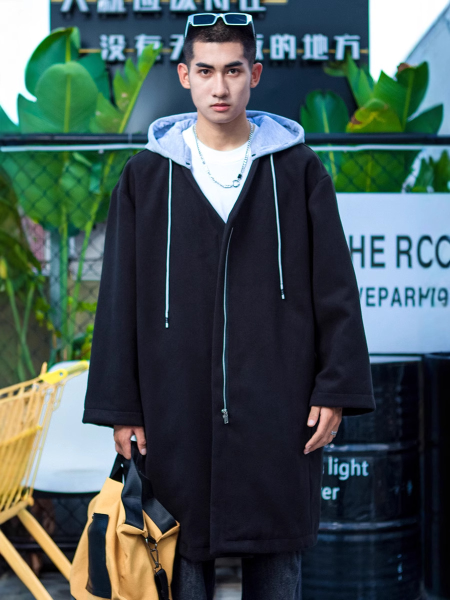 Autumn and Winter Mid-Length Hooded Japanese-Style Coat Unisex Woolen Trench Coat Korean Version Versatile Casual Cloak