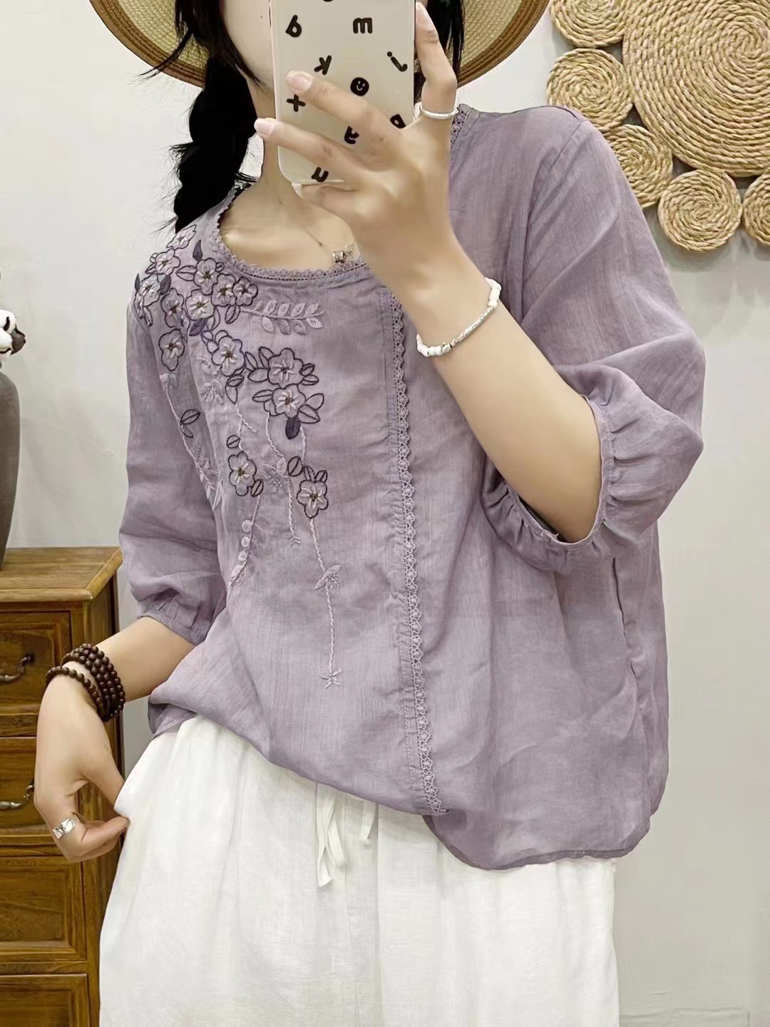 100 high-end Ramie embroidered T-shirt women's summer artistic lightweight loose round neck lace edge pullover top