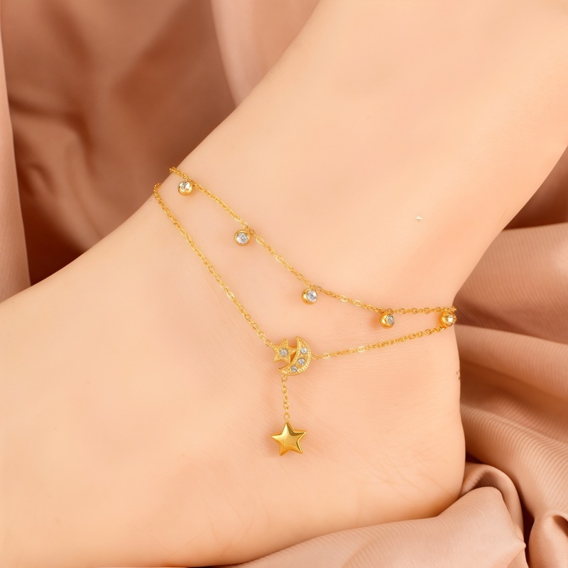 New Stainless Steel Double-Layer Diamond Tassel Star and Moon Anklet Simple Color Diamond Rhombus Flower Sun-Shaped Anklet for Women