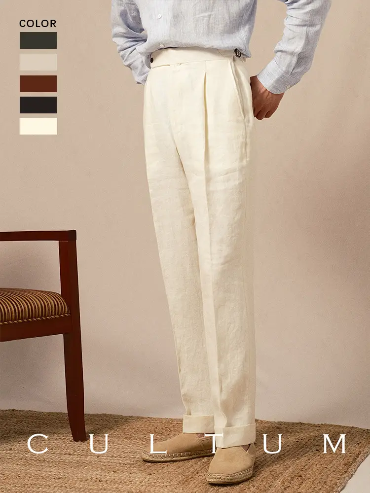 Cultum heavyweight French linen Naples single pleated high waisted suit pants for men's spring and summer lightweight breathable straight leg pants