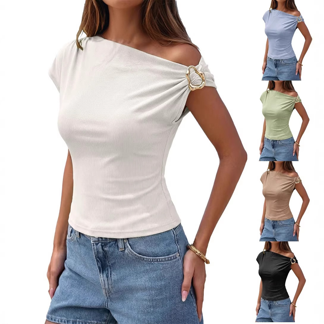 2026 Amazon European and American Cross-Border Fashion Ribbed Slim-Fit Asymmetrical Off-Shoulder Metal Buckle T-Shirt Top for Women