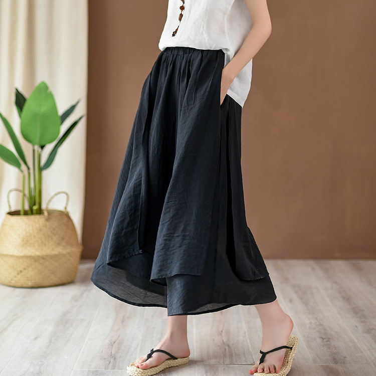 2026 Summer Retro Art Style Solid Color Versatile Comfortable Fairy-Like Nine-Point Skirt Pants Women's Draped Wide-Leg Pants