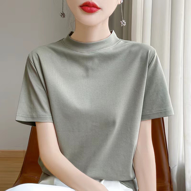 Spring and Summer Half-high Collar Cotton Short-sleeved T-shirt Women's Loose mercerized cotton Half-sleeved Base Shirt White Cotton Top T-shirt