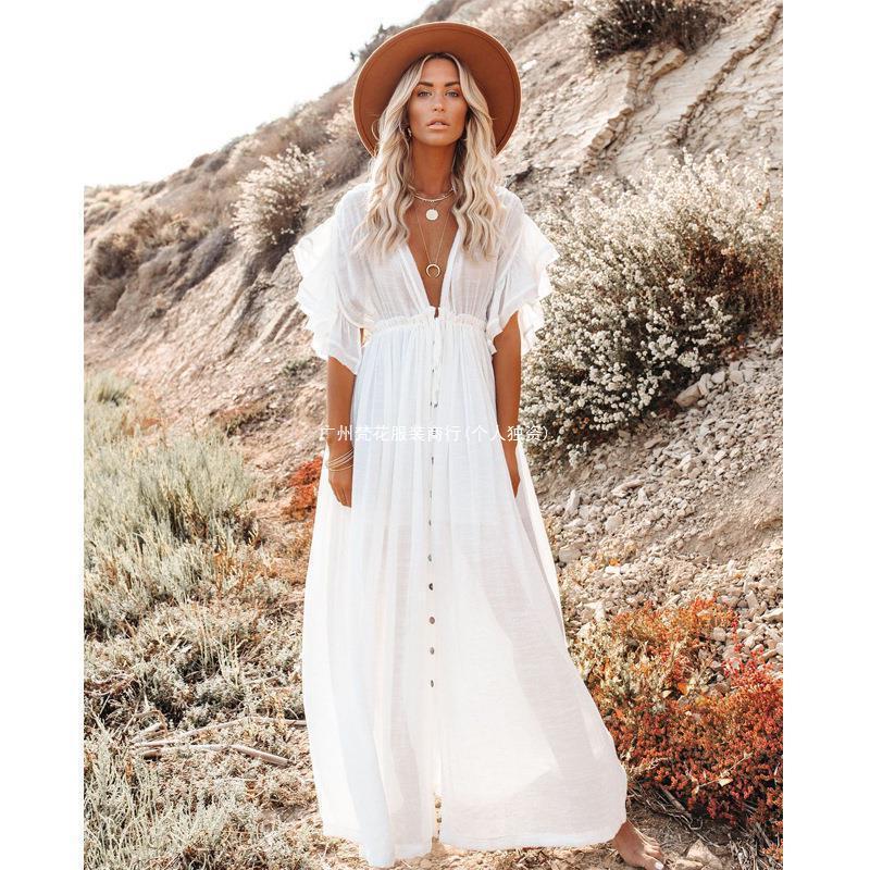 Cross-border Export Independent Station New Pure Color Beach Dress Bamboo Cloth Button Waist Rope Long Skirt Sun Protection Shirt for Women