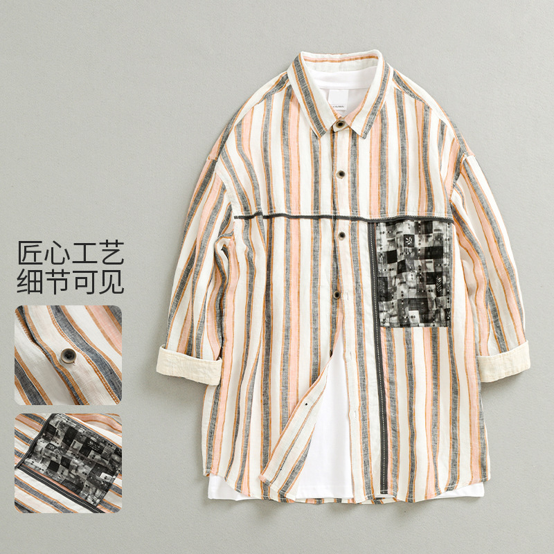 Hong Kong version stitching pocket collar top men's five short sleeve striped casual loose linen shirt manufacturers 3223