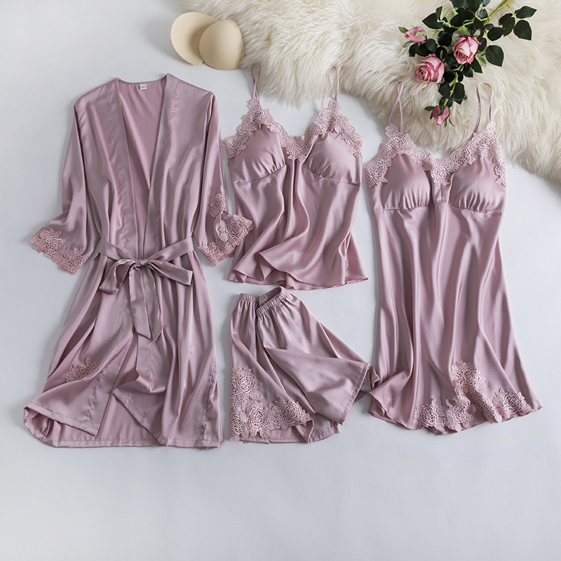 2021 Pajamas Women's Spring and Summer Long-sleeved Four-piece Suit Thin Sexy Silk Sling Nightgown Home Clothes for Hair