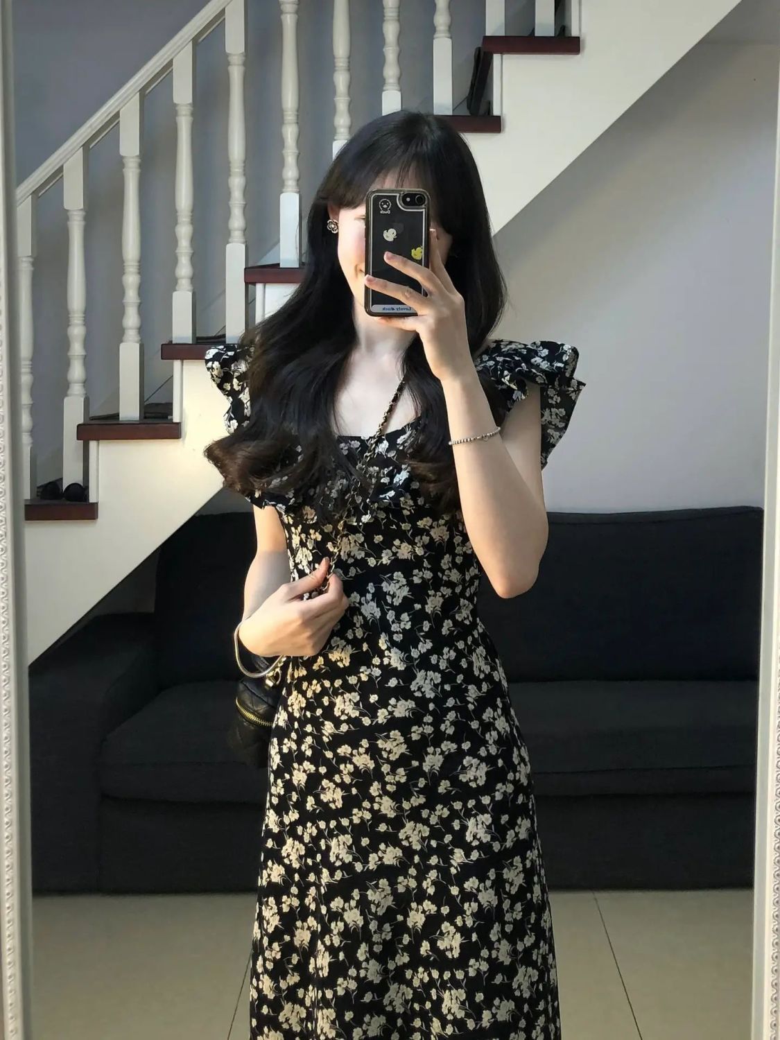2025 Summer New Fashion Tea Break French Black Floral Dress Textured Waist Women's Long Dress Cross-Border