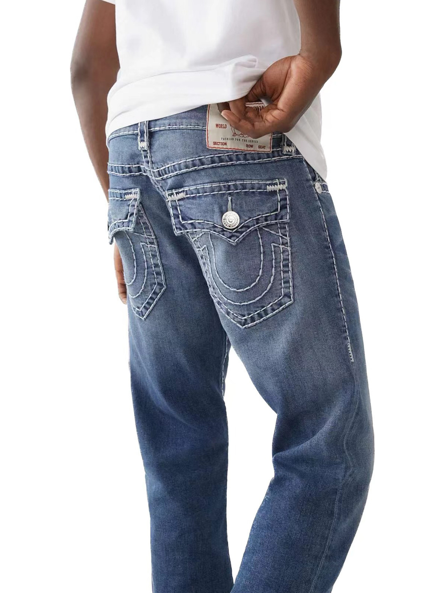 American-Style Trendy Religious Denim Jeans for Men, Large Buddha Design, Plus-Size, Thick-Stitch Straight-Leg Casual Pants, Vintage Workwear Pants