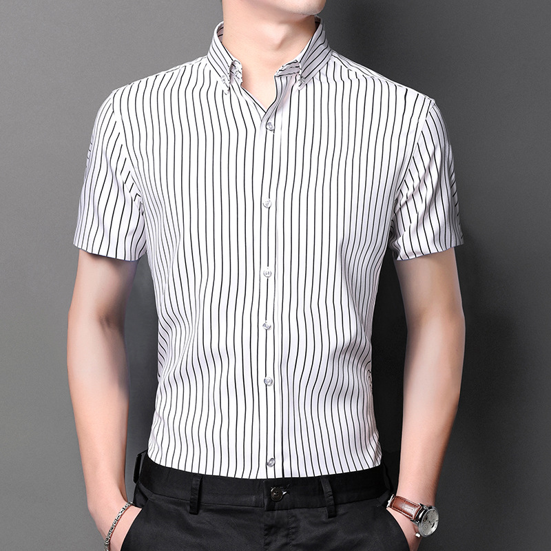 New Summer Thin Short-sleeved Shirt Fashion Casual Stretch Striped Shirt Business Slim-fit Single-wear Crock Top