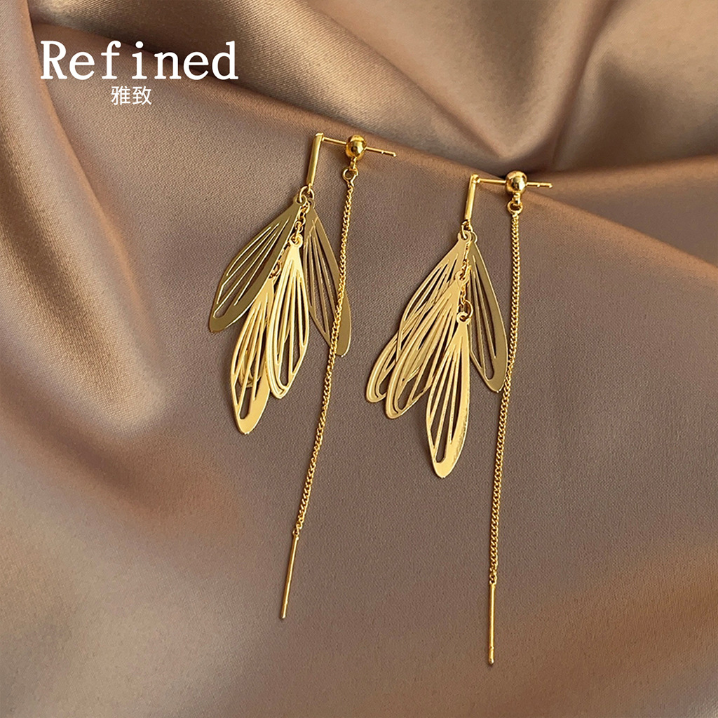Real Super fairy light luxury style design plated 14K Wings earrings factory Mori long tassel earrings for women Wholesale