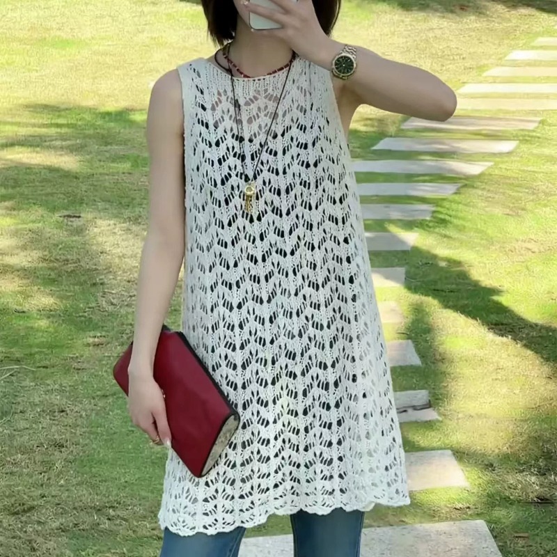 French-Style Crochet Hollow-Out Knit Tank Dress, New Spring/Summer Simple Mid-Length Versatile Slim-Fit Layered Camisole Top