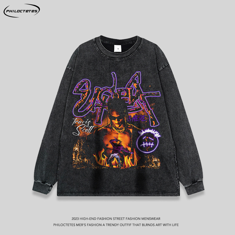 American hip hop rap portrait printed long-sleeved T-shirt men and women vintage retro high street distressed bottoming tee shirt