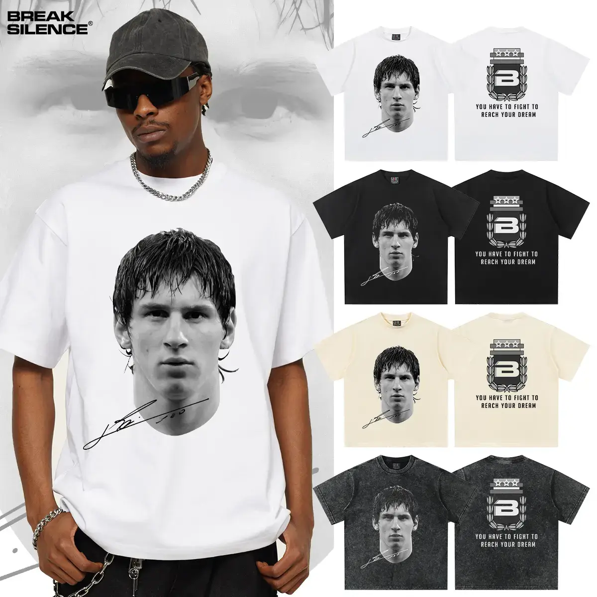 Cross-border 2025 new Messi football 300 grams heavy small neckline direct spray short sleeve T-shirt men's and women's cotton