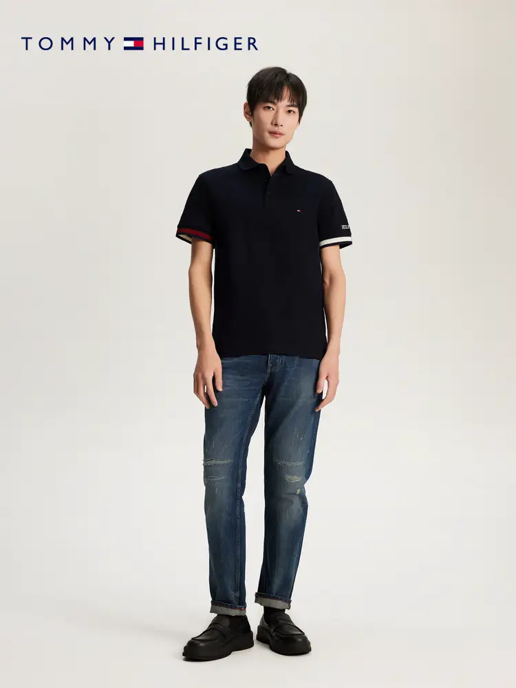 [Breathable Plaid] Tommy Summer Men's pure cotton Pique Mesh Color Block Cuffs silm T-Shirt Poloj9762