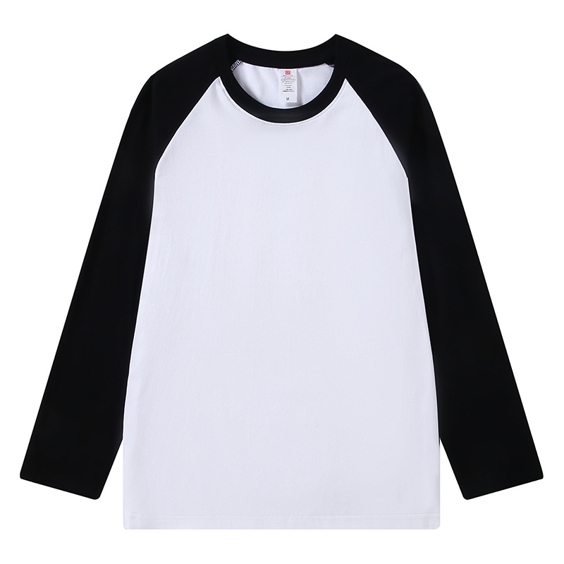 230g Raglan Long-Sleeved T-Shirt for Men, Spring & Fall American Style Contrasting Color Splicing Bottoming Shirt, Round Neck Sweatshirt for Men and Women with Color Matching Design QC-foto från 1688 på Qualit.ly