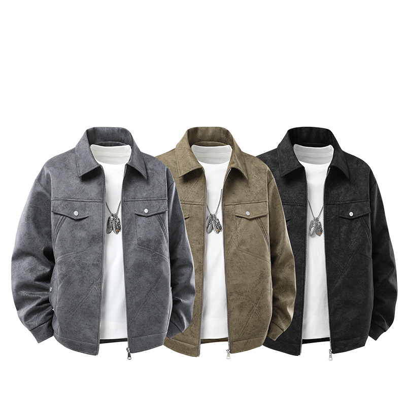 L-9Xl Retro Lapel Suede Leather Jacket Men's Spring and Autumn Trendy Brand Pu Leather Loose Casual Jacket Men's Clothing