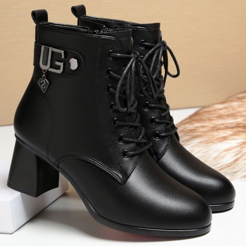 Northern Wolf Genuine Soft Leather Women's Short Boots, Mid-Calf Boots, High-Heeled Boots, Cotton Shoes, Half Boots, Chunky Heel Martin Boots