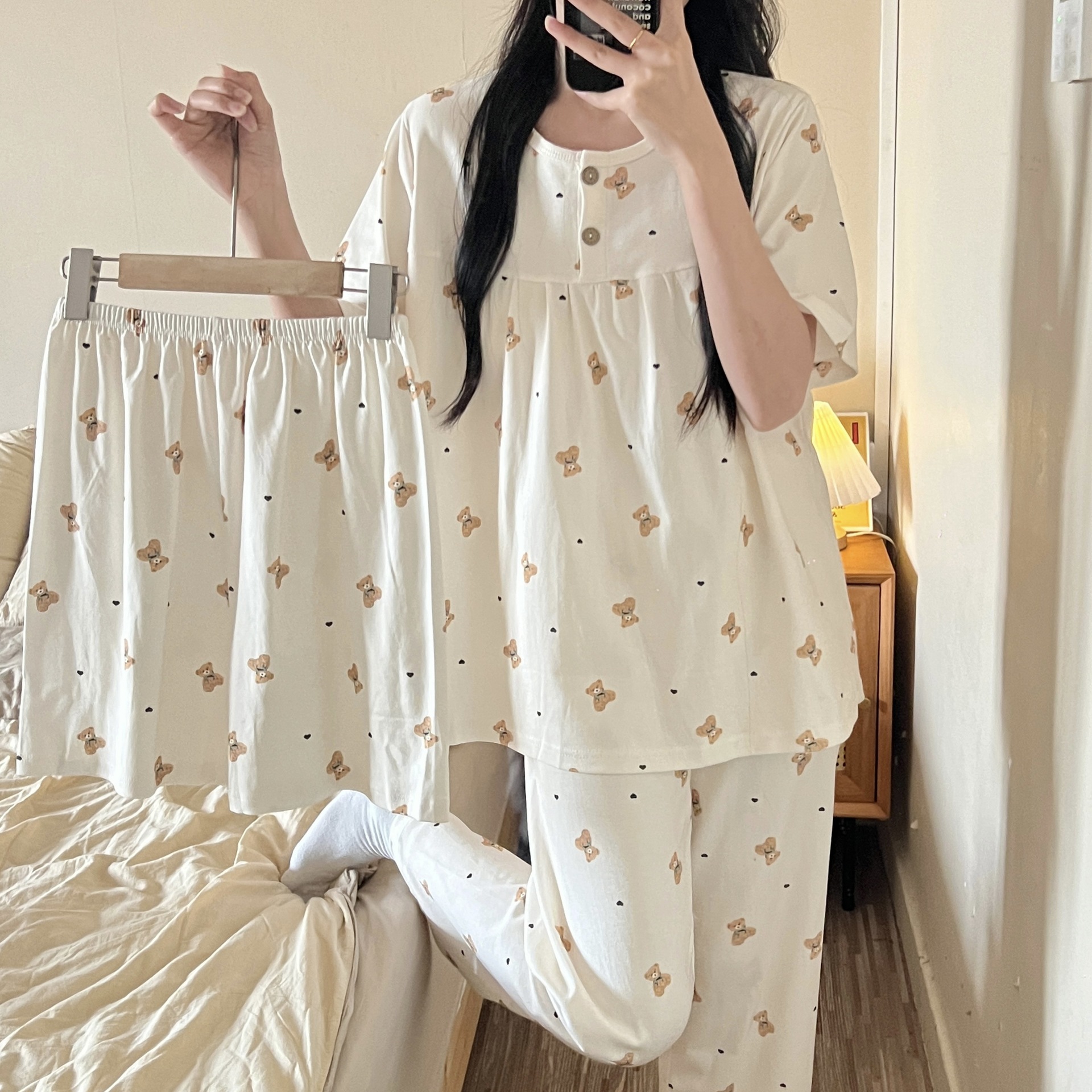 Dopamine Girl Summer Explosions Imitation Cotton Short-sleeved Pajamas Three-piece Set High-end Loose Comfortable Outfit