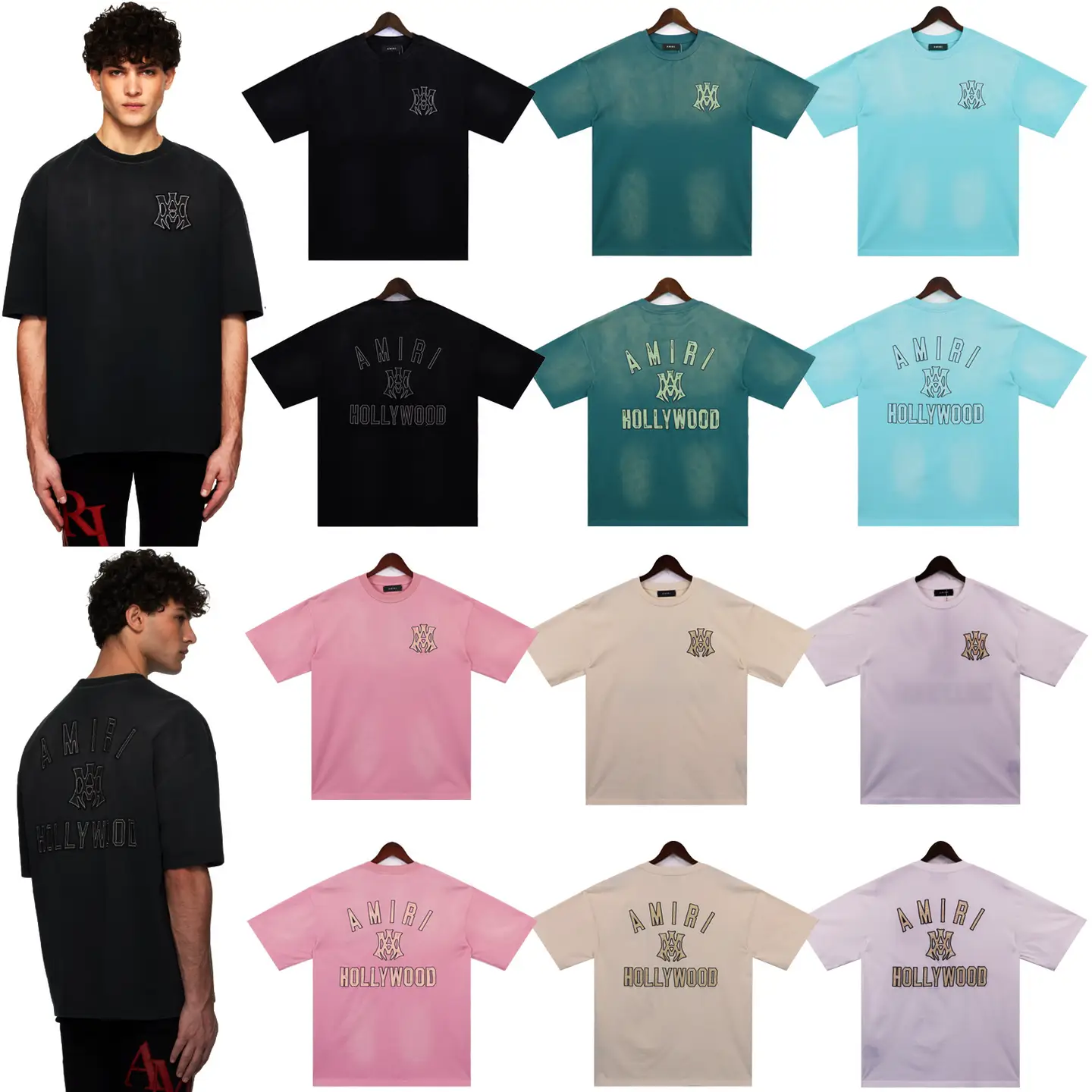 Cross-Border Factory Washed Ami Distressed Ri Retro Starry Sky Graffiti Letter Print Couple Short-Sleeved T-Shirt