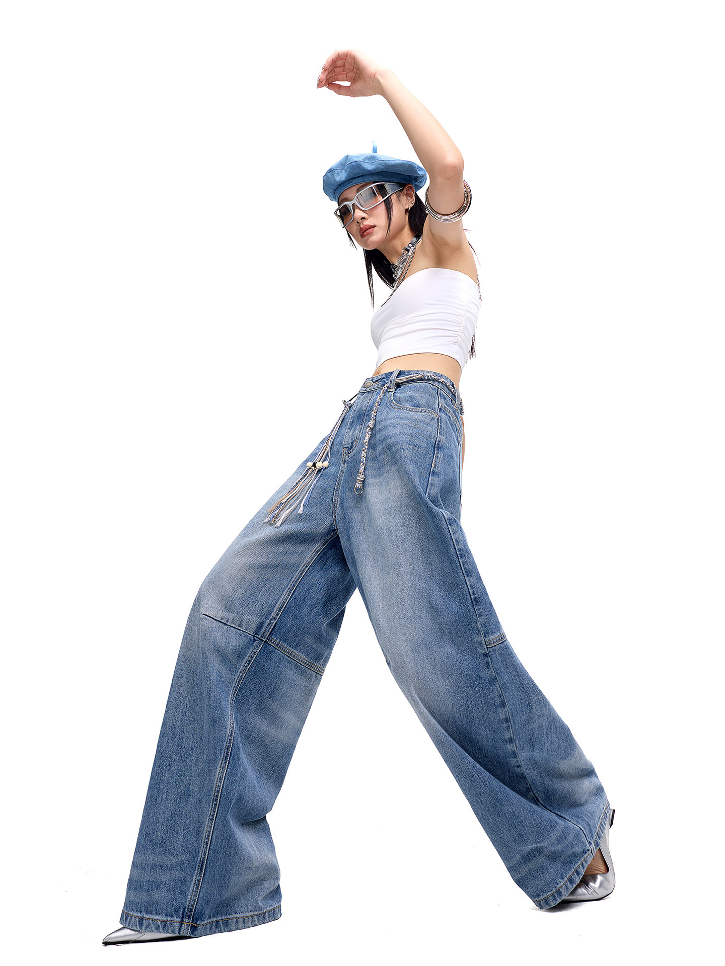 Tuogu American Street Style New Wide-Leg Jeans for Women with Tie-Up Design, Loose Fit, Curved Hem, Floor-Length Pants, Ins Style