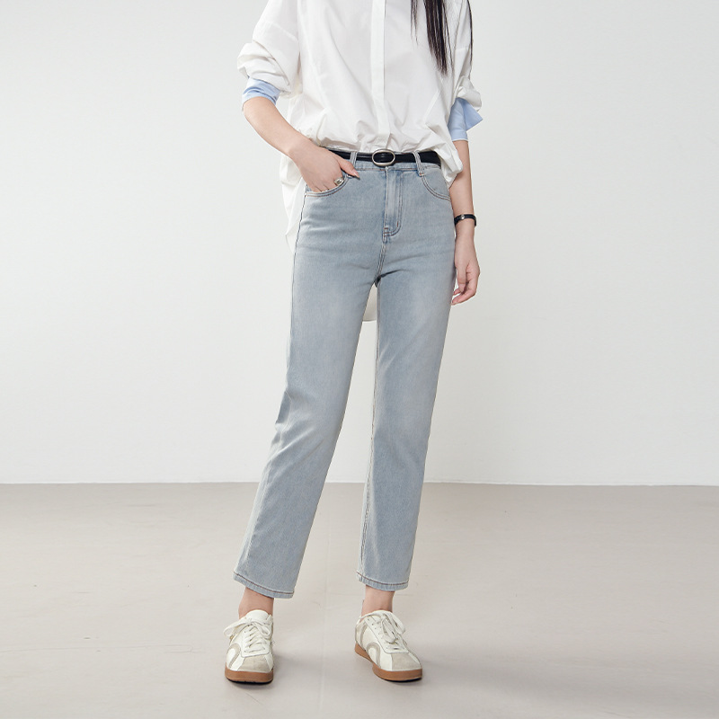 2026 Spring New Light Blue Stretch Cropped Straight-Leg Jeans for Women High-Waisted Slimming Cigarette Pants Versatile Casual Pants
