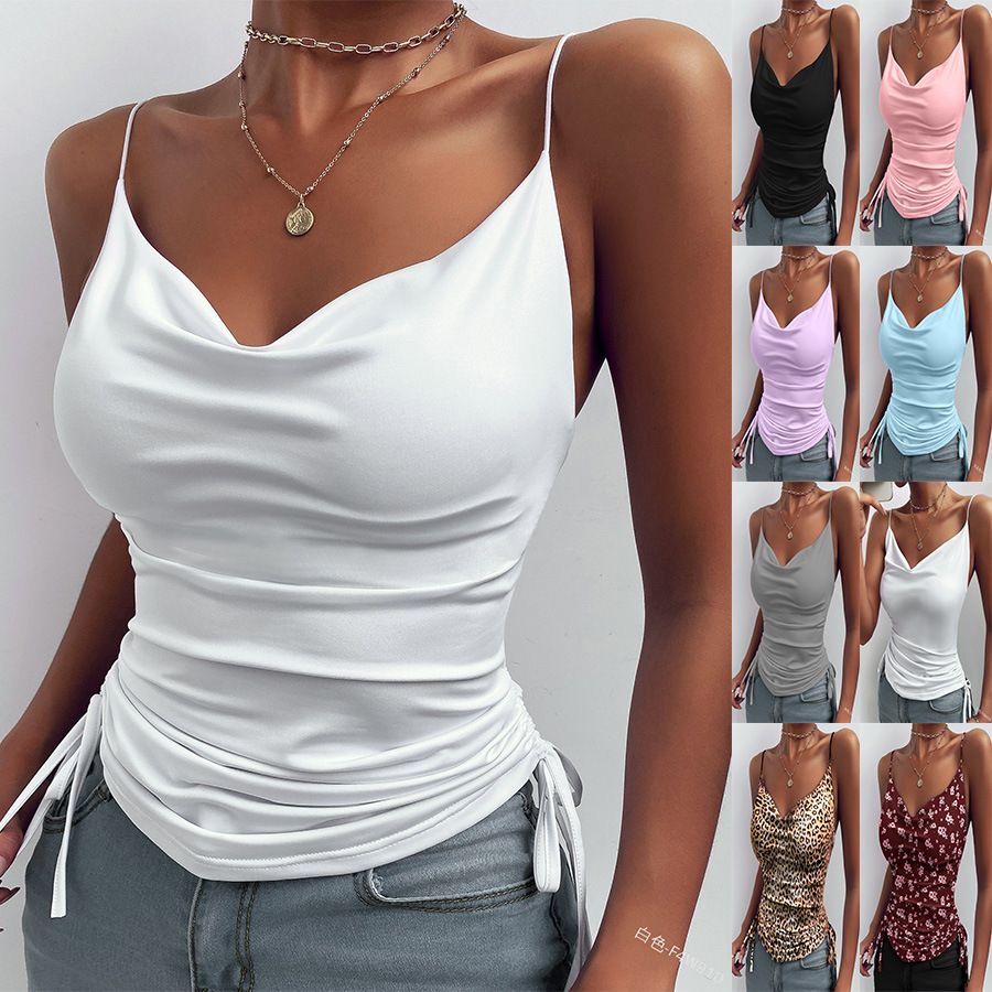 2022 Foreign Trade European and American Summer Printed Sling Solid Color Deep V-Neck Sling Tight Drawstring Casual Small Vest Women's Clothing