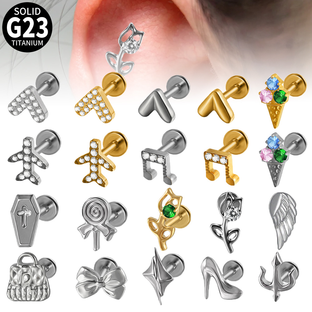 Cross-Border Fashion V-Shaped Tulip Flower Lip Nail G23 Titanium Zircon Earrings Heart Electroplated Piercing Inner Tooth Earrings