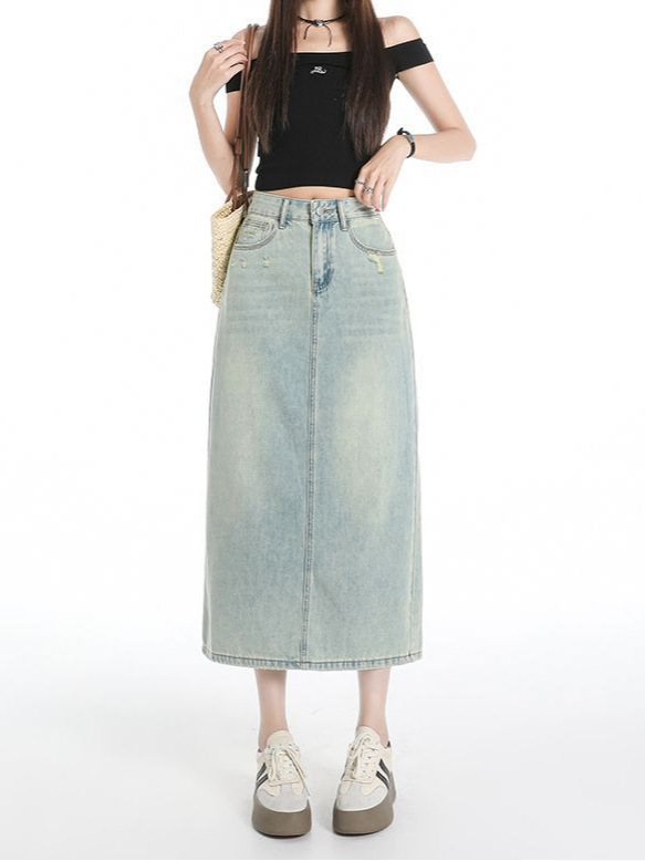 Denim Skirt Women's Back Slit 2025 Summer Light Color Thin High Waist Small Mid-Length A-Line Hip Skirt