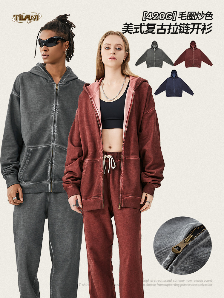 Tilani Men's Clothing 26Ss Cross-Border Men's Clothing 2XL Men's Loose American-Style Trendy Brand Washed Heavyweight Zipper Sweatshirt Jacket