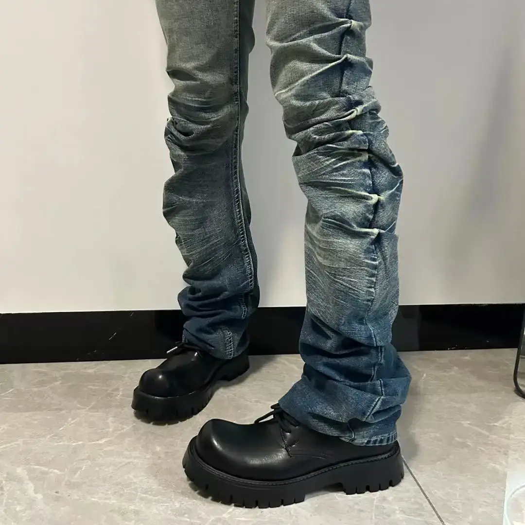 American High Street Vibe Style Retro Ice Blue Crack Washed Stereo Whiskers Scimitar Version High Elastic Fog Blue Jeans